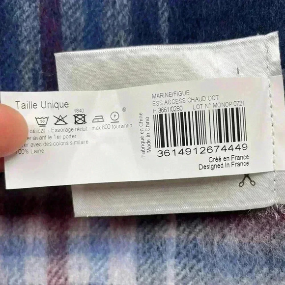 MONOPRIX Unisex One Size 100% Wool Fringe Scarf Blue Plaid Minimalist Essentials - Picture 7 of 13